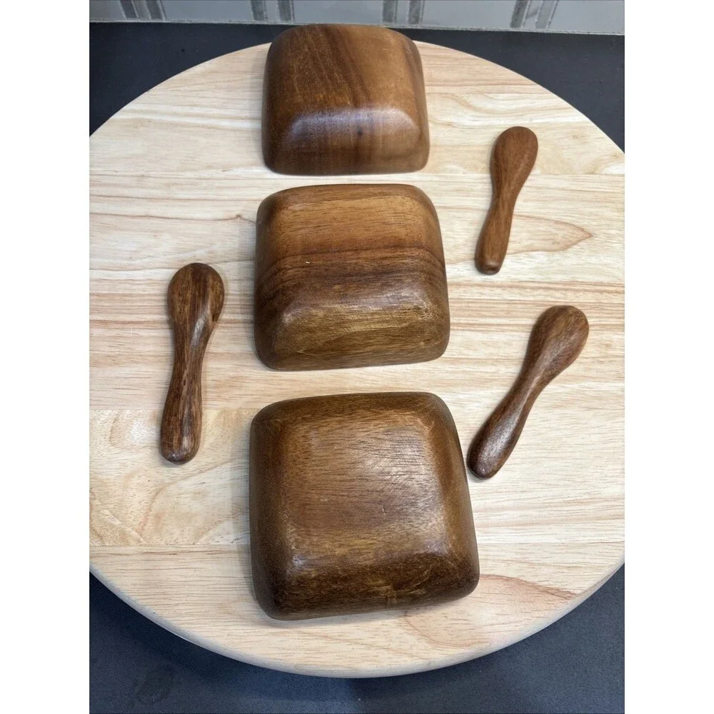 Monkey Pod Wood Set 3 Square Snack Dipping Bowls with Spoons and Tray Vtg MCM